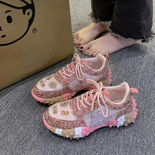 Luxury Rhinestone Sneakers - Casual Outdoor Platform Running Shoes, Designer Mesh Sports Shoes for Women