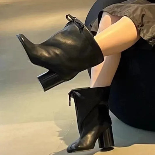 Luxury Designer Women’s Split-Toe Ankle Boots - Fashion Short Booties with Ruffle Detail & Chunky High Heel