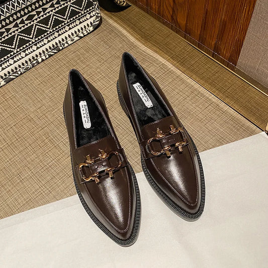 Women’s Autumn Flats & Oxfords - Pointed Toe Loafers with Fur, Casual Leather Sneakers