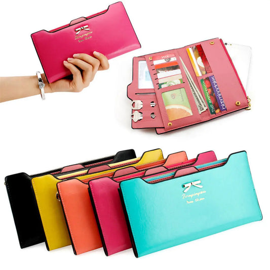 Cute Bowknot Long Wallet - PU Leather Zipper Clutch with Multi-Card Slots & Phone Pocket