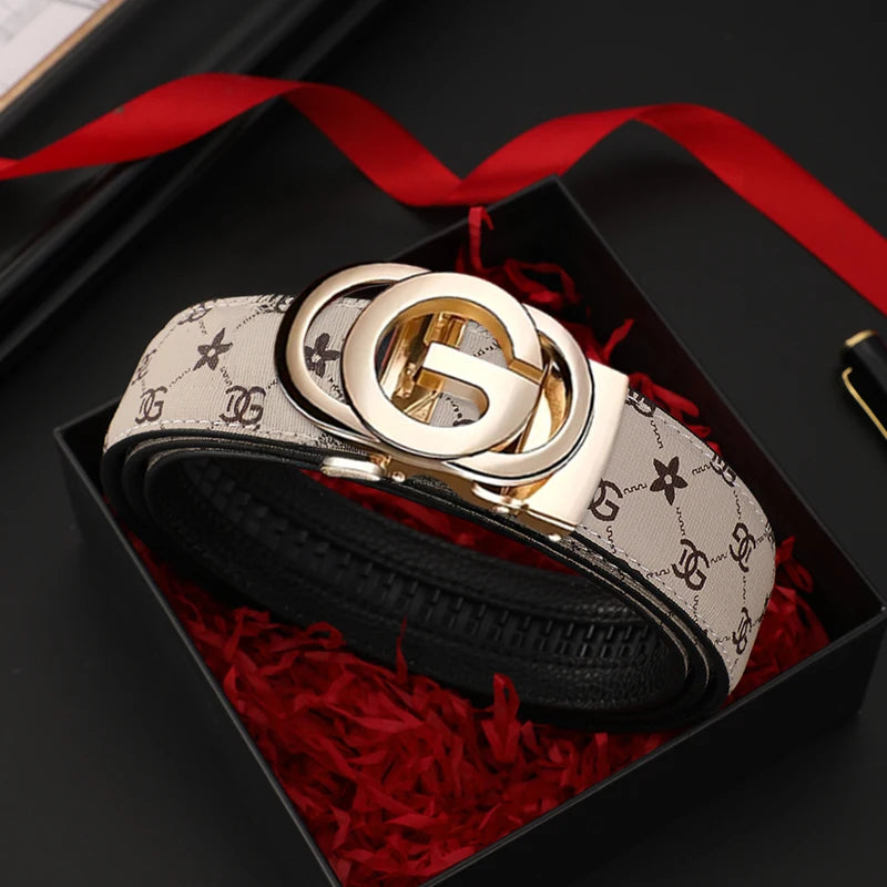 Men’s Genuine Leather Belt - Automatic Metal Alloy Buckle, Luxury Designer Waist Strap