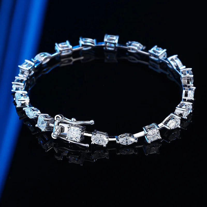 Full Round & Oval Pear-Cut Moissanite Tennis Bracelet - 925 Sterling Silver Unisex Jewelry, Diamond-Tested