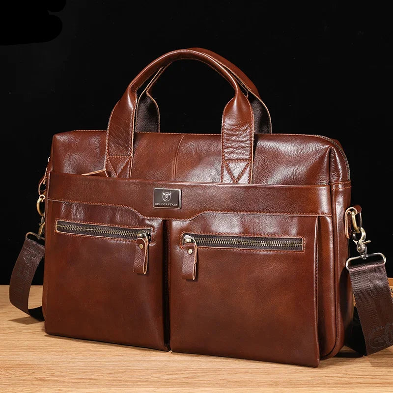 BullCaptain Men’s Genuine Leather Briefcase | 14-Inch Laptop Shoulder Bag & Business Handbag