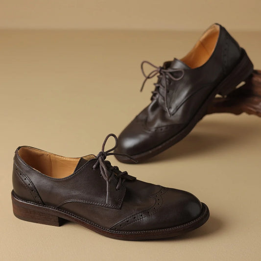 Women’s Cow Leather Lace-Up Oxfords - British-Style Carved Flats, Soft & Comfortable