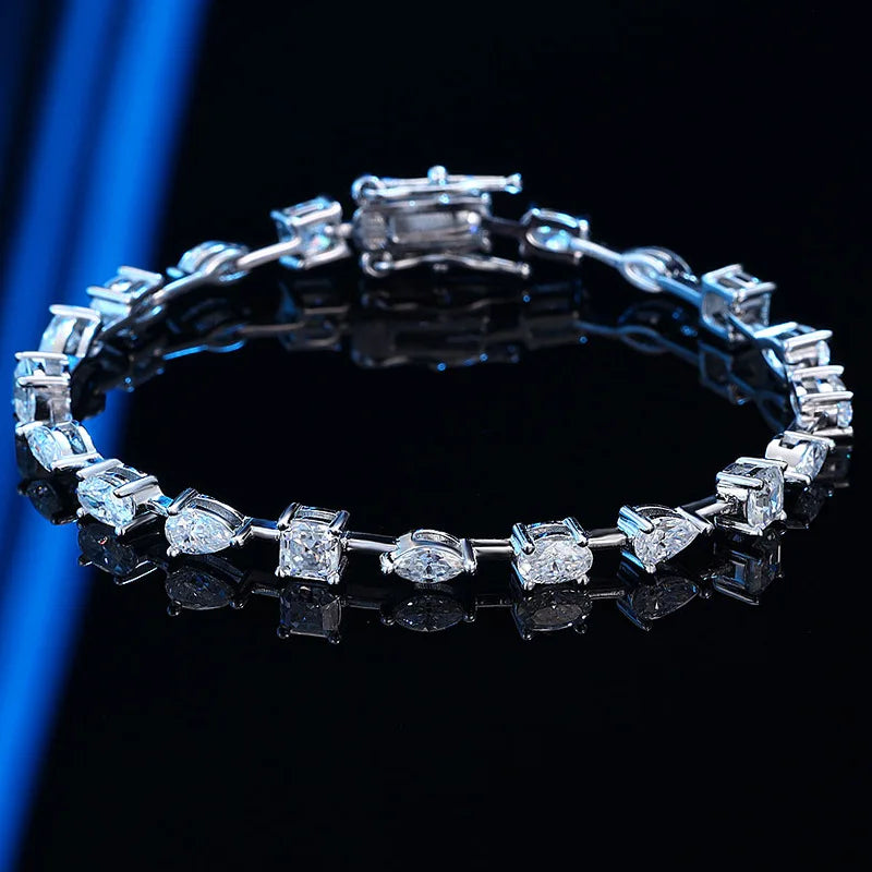 Full Round & Oval Pear-Cut Moissanite Tennis Bracelet - 925 Sterling Silver Unisex Jewelry, Diamond-Tested