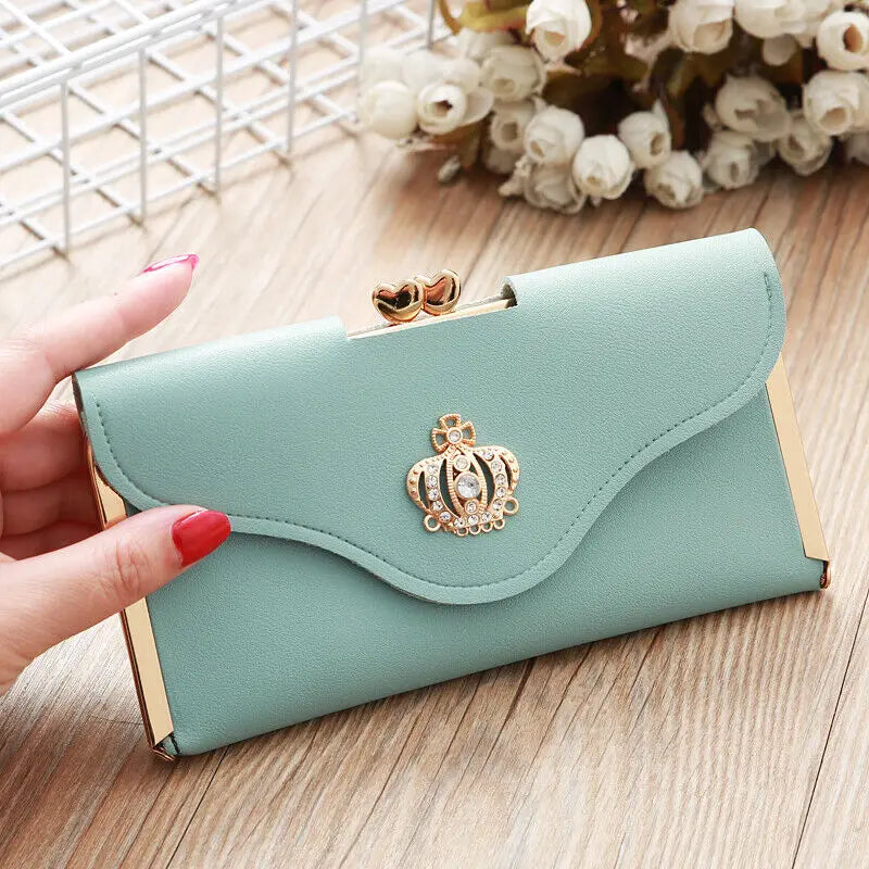 Women's Crown Style Long Wallet - Elegant Hasp & Zipper Clutch with ID Card Holder and Coin Pouch