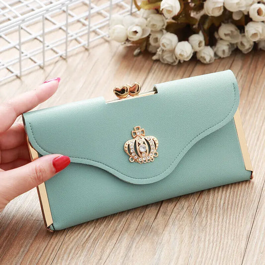 Women's Crown Style Long Wallet - Elegant Hasp & Zipper Clutch with ID Card Holder and Coin Pouch