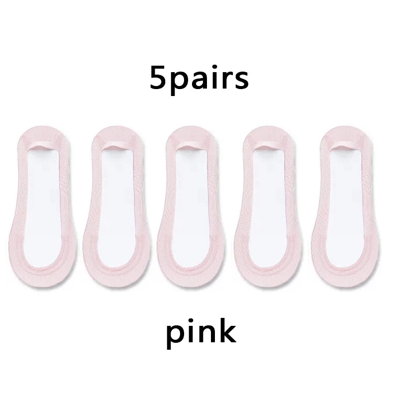 Women’s Non-Slip Invisible Ice Silk Socks – 5 Pairs, Seamless Low-Cut Boat Socks, Summer Breathable
