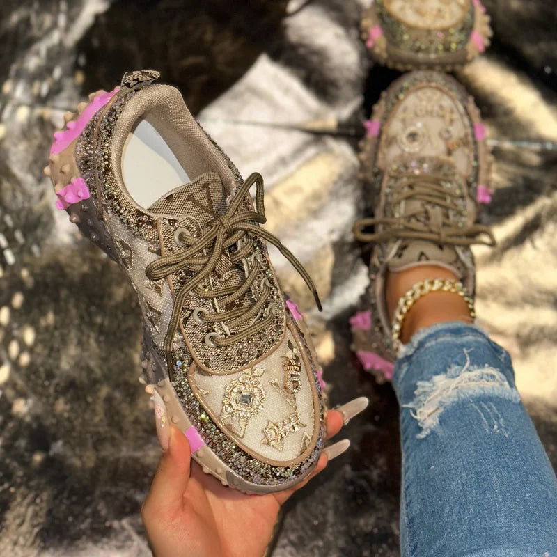 Luxury Designer Women’s Sneakers – Rhinestone Platform Sports Shoes, Fashion Outdoor Vulcanized Footwear