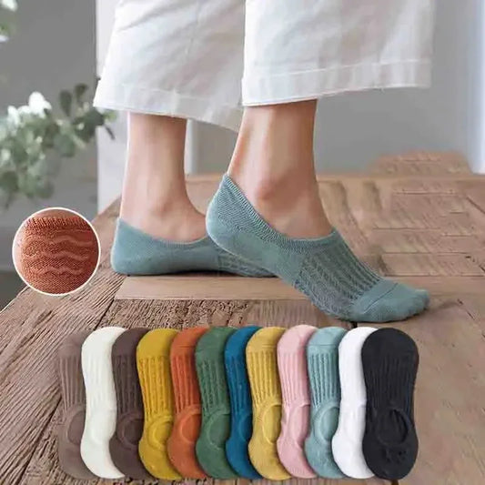 Women’s Invisible Boat Socks - 5 Pairs, Soft Cotton Ankle Socks with Silicone Grip, Summer Solid Colors