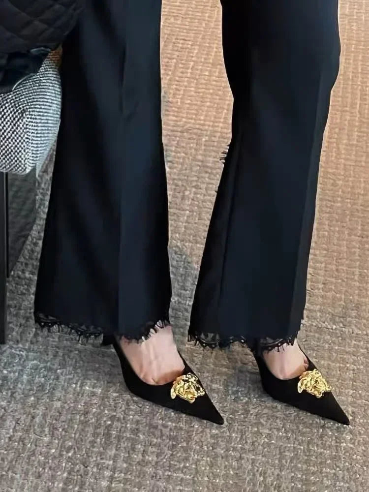 Women’s Black Pointed High Heels - European & American Style with Silk and Metal Detail