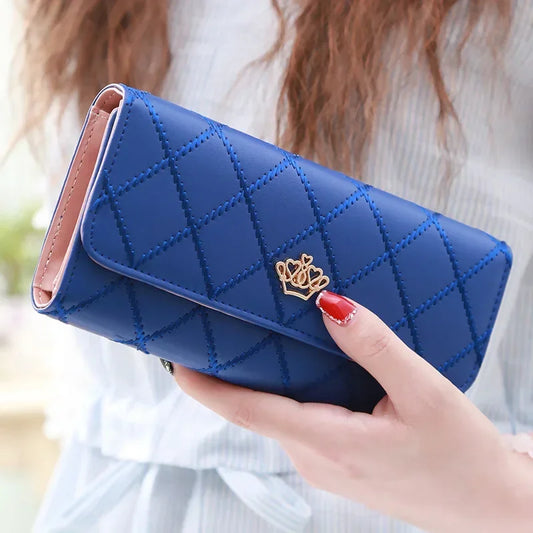 Black Diamond Pattern Long Wallet for Women - PU Leather Crown Buckle Clutch with Card Holder & Phone Pocket