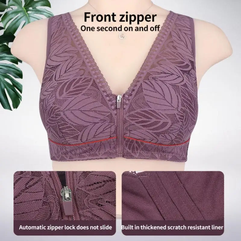 Women’s Soft Cotton Lace Bra - Front-Zip Wireless Shaping Tank Top, Plus Size 36–52