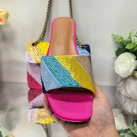 Women’s Rhinestone Flat Slippers - Peep Toe Square Toe Slip-On Sandals with Metal Decoration