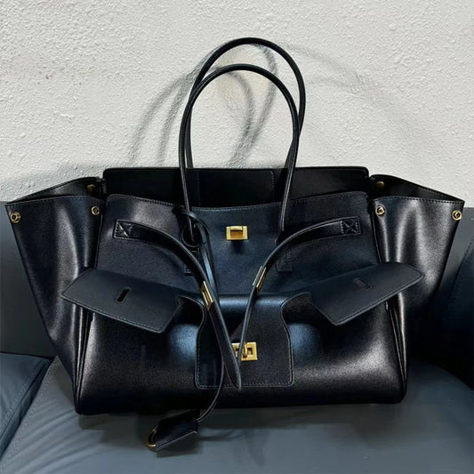 Velvara EliteLock Tote - Premium Leather & Suede Winged Shoulder Bag with Metallic Lock Accents