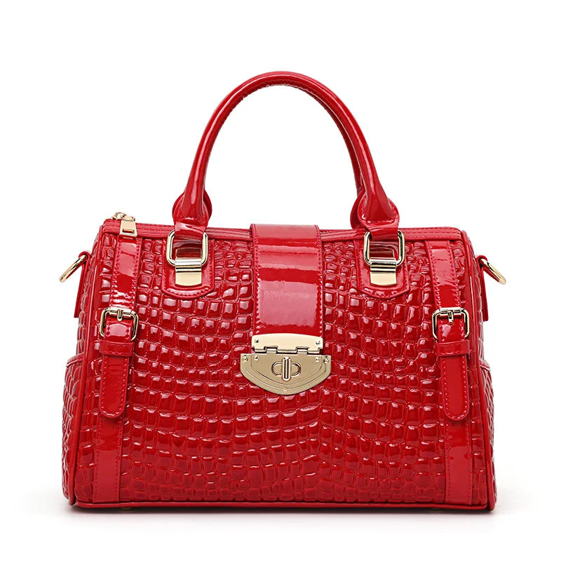 Aidrani Luxe Red Croco-Tail Boston Bag - Genuine Leather Shoulder Handbag for Women