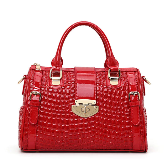 Aidrani Luxe Red Croco-Tail Boston Bag - Genuine Leather Shoulder Handbag for Women