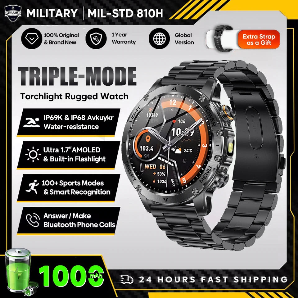 T-Rex 3 Military Smartwatch - 5ATM Waterproof, Heart Rate & Sports Tracker, 1000mAh Battery, Flashlight Feature for Men
