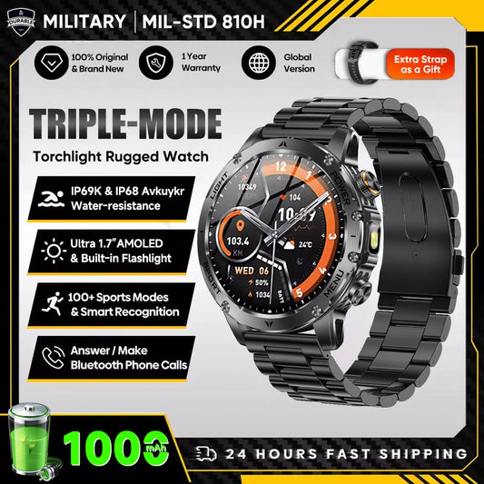 T-Rex 3 Military Smartwatch - 5ATM Waterproof, Heart Rate & Sports Tracker, 1000mAh Battery, Flashlight Feature for Men