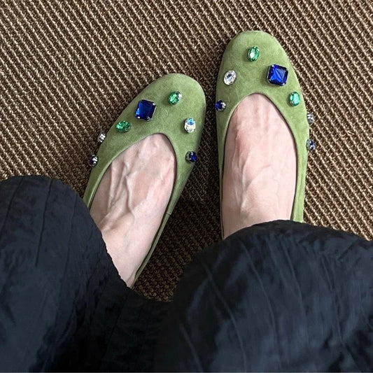Luxury Colorful Gemstone Flats - Comfortable Round-Toe Suede Loafers for Women