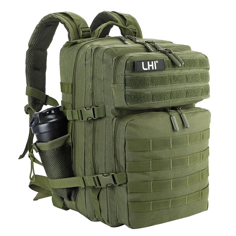 LHI 45L Tactical Backpack for Men & Women - Large Outdoor Sports Hiking Gym Bag with Bottle Holder