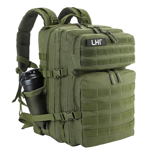 LHI 45L Tactical Backpack for Men & Women - Large Outdoor Sports Hiking Gym Bag with Bottle Holder