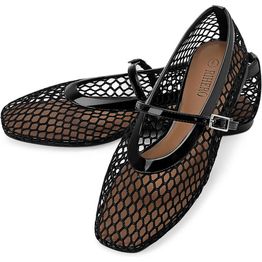 Women’s Mesh Ballet Flats - Comfortable Square-Toe Ballerinas with Buckle Strap