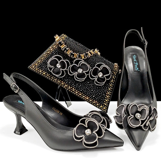 Women’s Pointed Toe Shoes & Bag Set - Floral Decoration, Elegant Party & Daily Wear