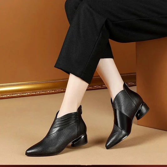 Luxury Women’s Leather Ankle Boots - Pointed Toe Low Heel Sneakers for Autumn Office & Casual Wear