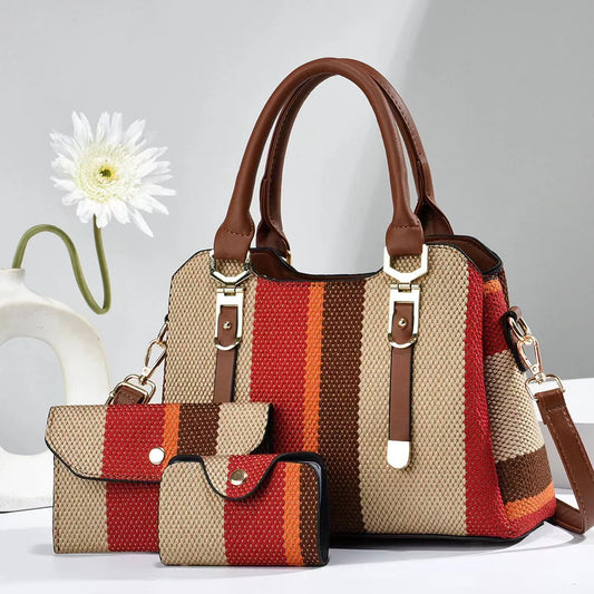 Summer Trio Elegance Set - Striped Tote, Wallet & Crossbody Combo for Women
