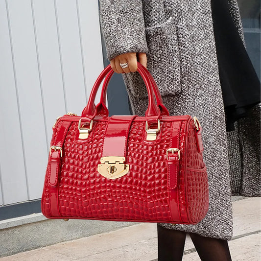 Aidrani Luxe Red Croco-Tail Boston Bag - Genuine Leather Shoulder Handbag for Women