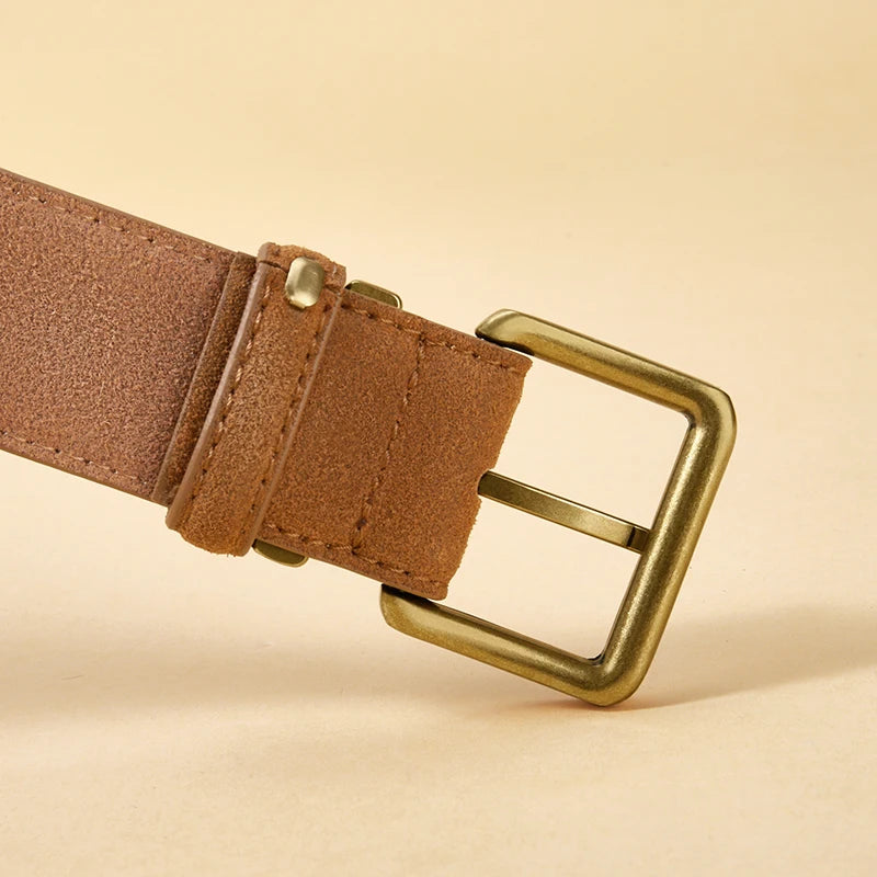 Women’s Luxury Suede Cowhide Belt - Vintage Gold Buckle, 3.5cm Wide Strap for Dresses & Jeans