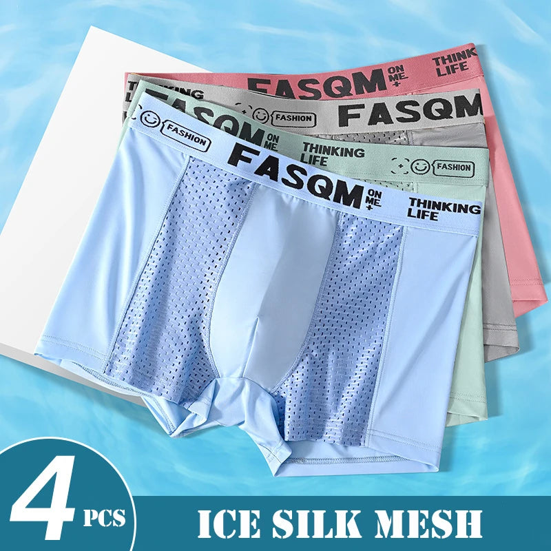 Men’s Mesh Ice Silk Boxer Shorts - 4 Pairs, Breathable Slim Fit Underwear, L–6XL