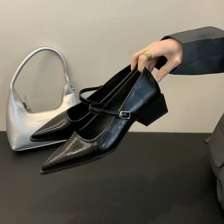 Retro Mary Jane Pumps for Women - Thick Heel, Pointed Toe, Elegant Office Shoes