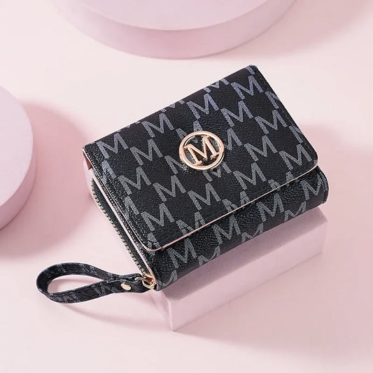 Short M Letter Women's Wallet - Compact Wristlet Purse with Zipper, Card Slots, and Coin Pocket