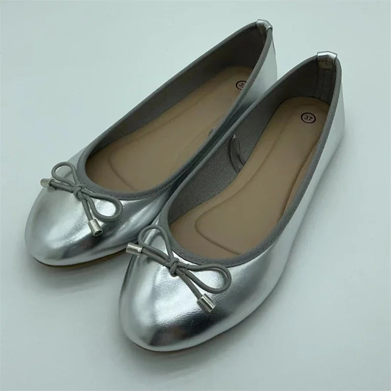 Women’s Elegant Bowknot Slip-On Flats - Gold & Silver Round-Toe Ballerina Mules