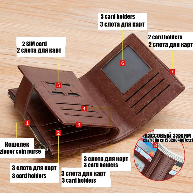 Men’s Luxury Leather Wallet | RFID-Blocking Short Card Holder with Zipper Coin Purse & Billfold