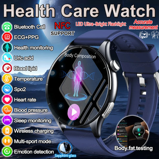 Premium NFC Health Smartwatch - ECG & PPG Monitoring, Blood Pressure, Blood Oxygen, Uric Acid Analysis, Men & Women