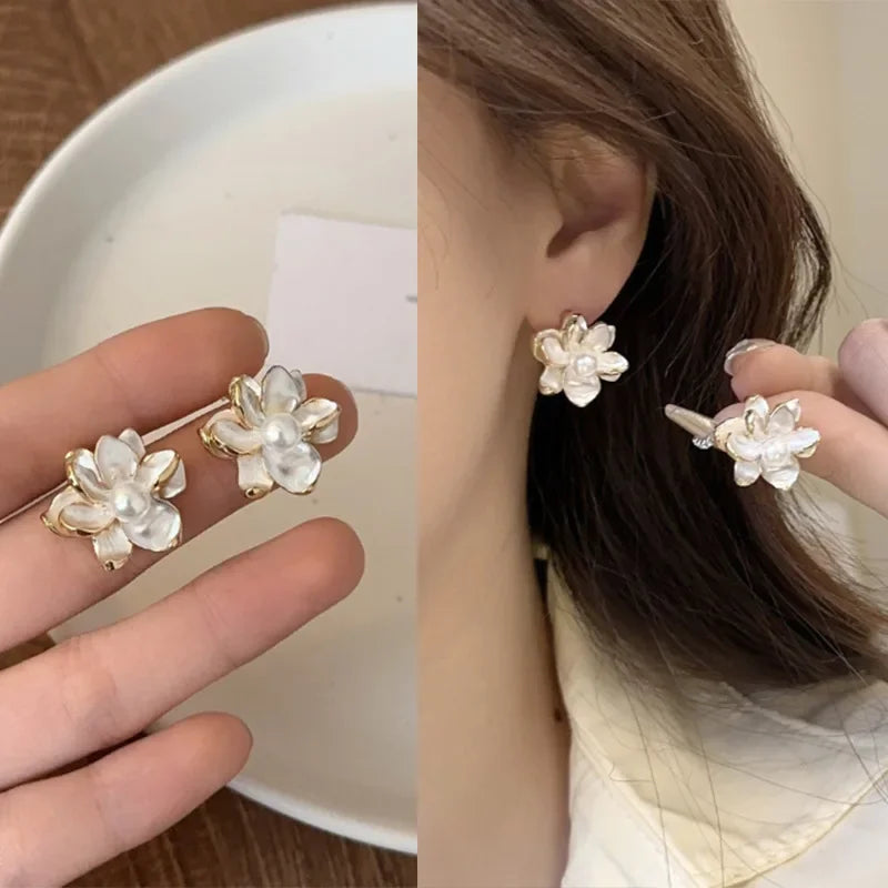 Korean Vintage Pearl & Crystal Earrings - Luxury Zircon Flower, Butterfly & Leaf Studs for Women