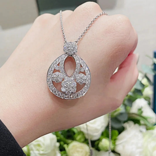 S925 Sterling Silver Snow Hollow Flower & Water Drop Necklace - Light Luxury Diamond-Inlaid Pendant for Women
