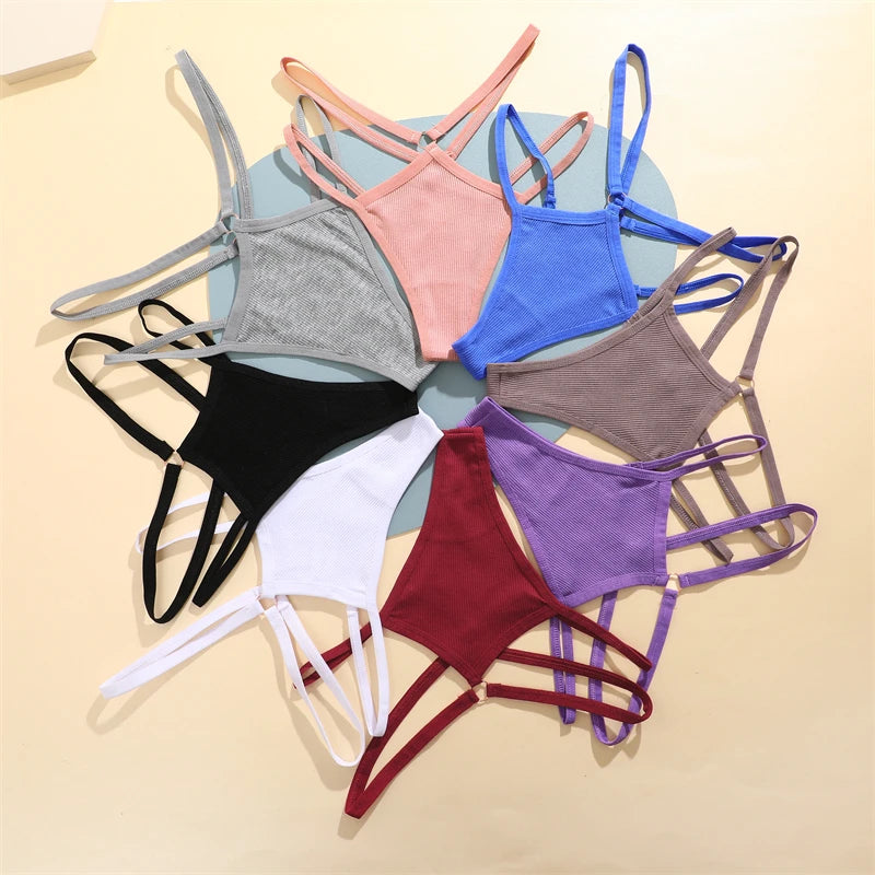 4-Piece Cotton Double-Strap Thong Set - Low-Waist Striped Panties for Women