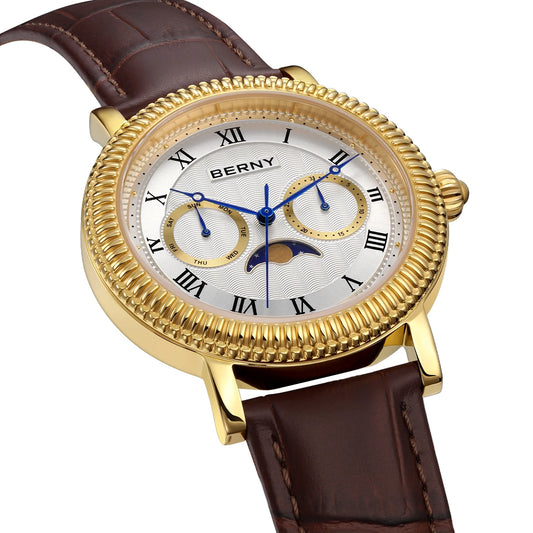 BERNY Men’s Luxury Dress Watch - Gold Quartz Moon Phase Timepiece, Sapphire Crystal, Business & Formal Wristwatch