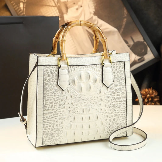 Verona Croc-Embossed Tote with Bamboo Handle - Elegant Shoulder Handbag for Women