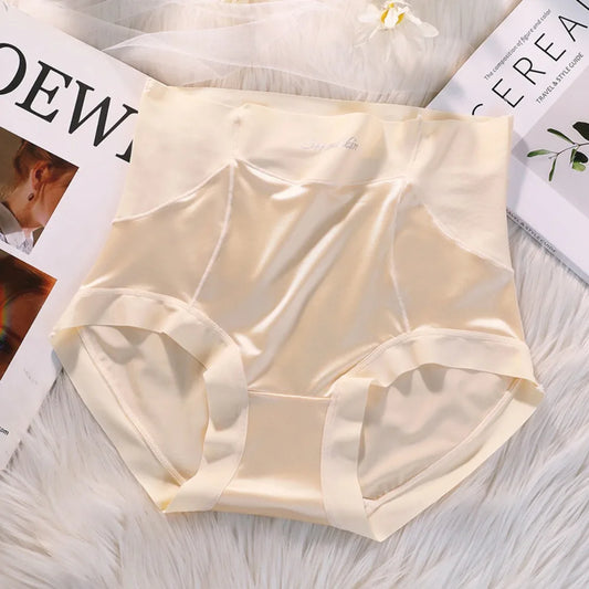 Retro High-Waist Silk Panties - Traceless Solid Color Satin Briefs for Women, Plus-Size Korean Underwear