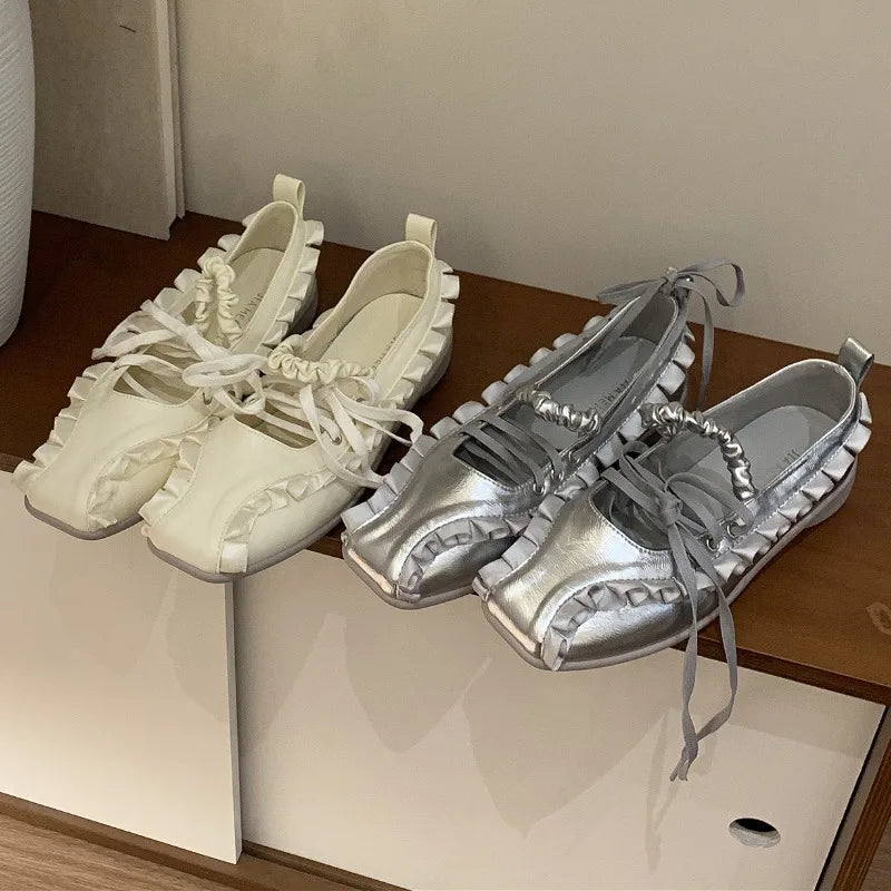 Designer Sporty Ballet Flats – Lace-Up Shallow Square-Toe Leisure Shoes for Women