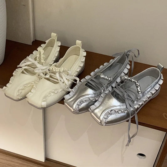 Designer Sporty Ballet Flats – Lace-Up Shallow Square-Toe Leisure Shoes for Women