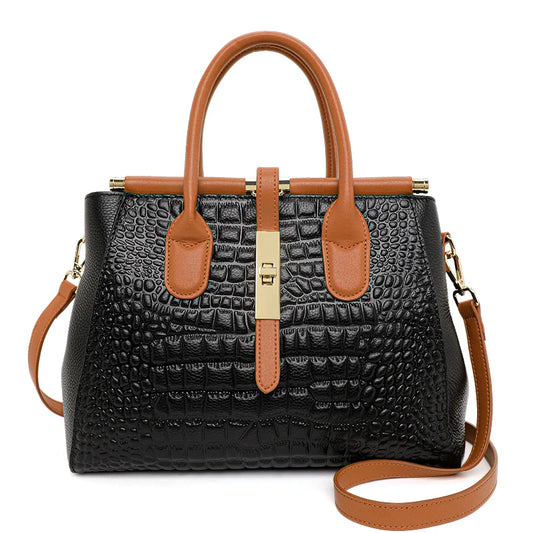 Aidrani Croco Luxe Contrast Briefcase - Genuine Leather Structured Handbag for Women