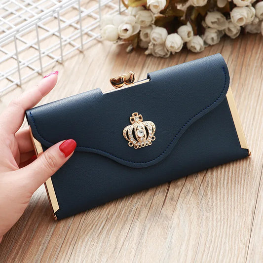 Women's Crown Style Long Wallet - Elegant Hasp & Zipper Clutch with ID Card Holder and Coin Pouch