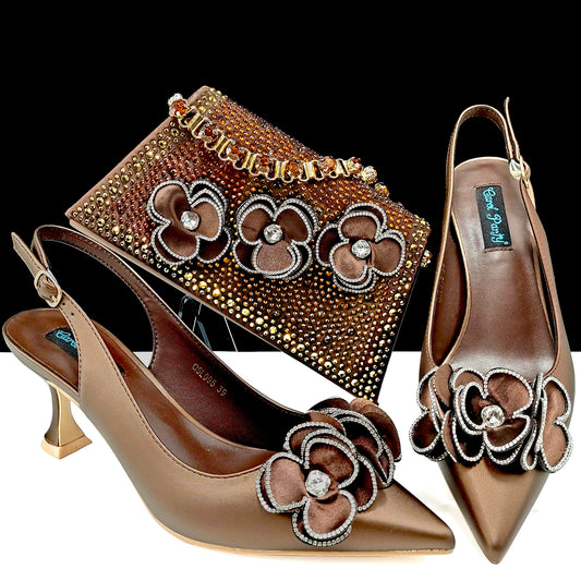 Women’s Pointed Toe Shoes & Bag Set - Floral Decoration, Elegant Party & Daily Wear