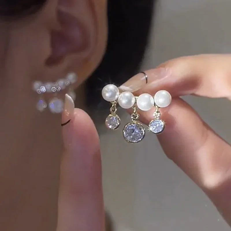 Korean Vintage Pearl & Crystal Earrings - Luxury Zircon Flower, Butterfly & Leaf Studs for Women